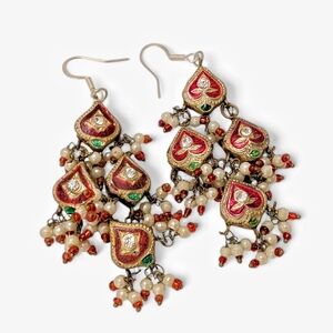 VINTAGE Enamel Christmas Earrings 3" Dangling Red Green Silver Gold Pearl Beads